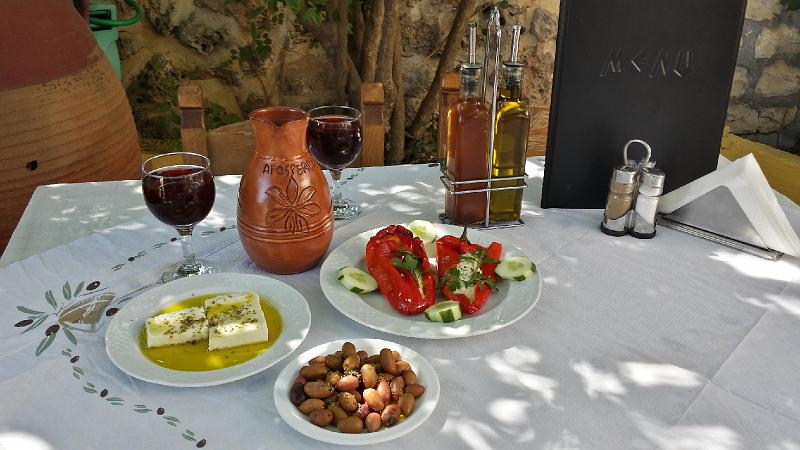 20130830_113422_Richtone(HDR).jpg - Wonderful Feta cheese, Greek olives, baked red peppers, and wine.